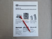 Seltenes SIG Prospektblatt, Zubehör für SIG-Sturmgewehre 90, 90PE, SG550, SG551, 1.Ausgabe von 1989
