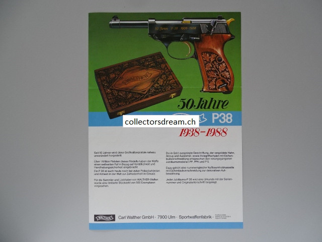 Walther Jubiläums Prospektblatt 50 Jahre P38 "1938-1988"